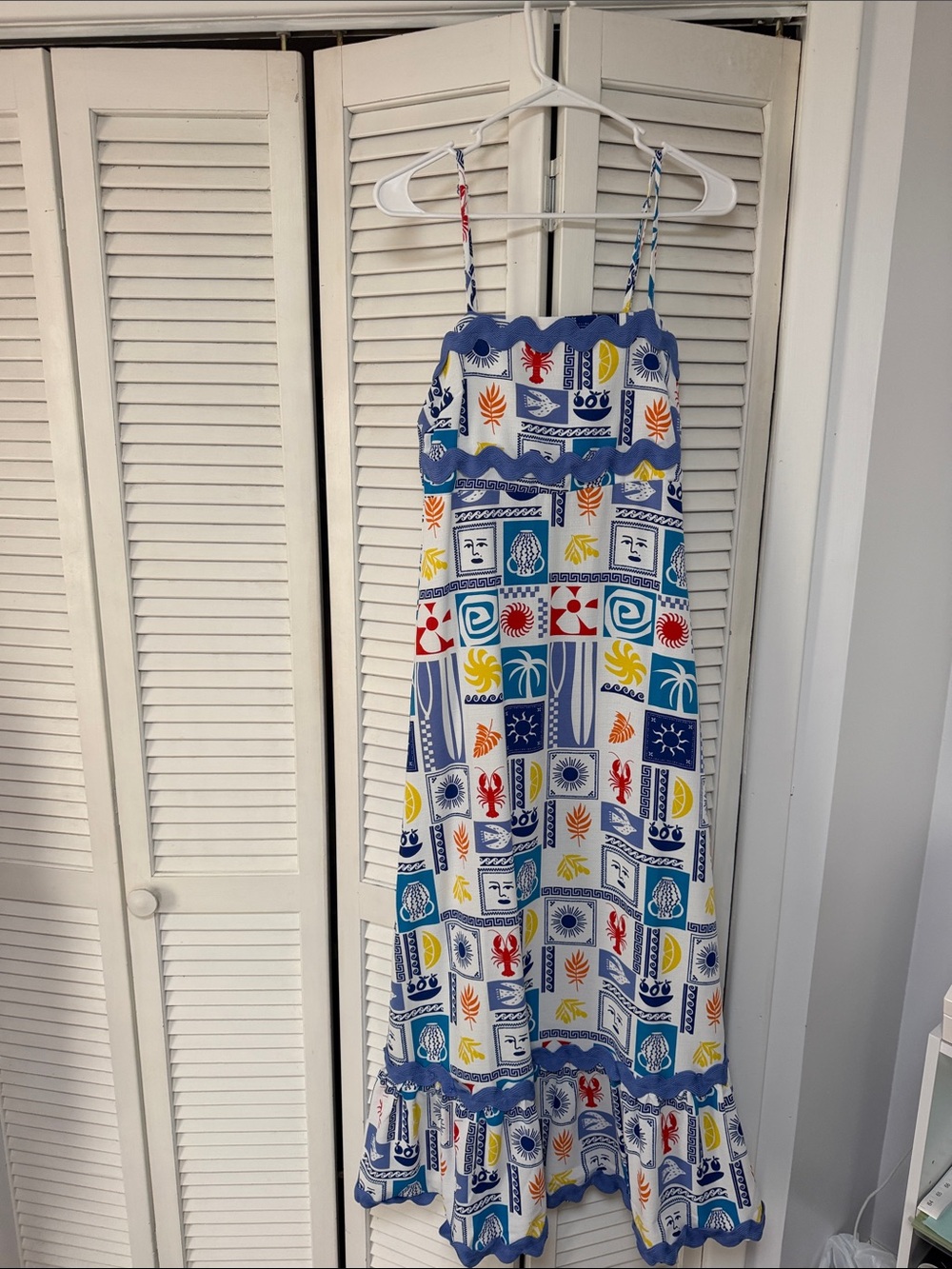 Blue & White Tiled Print Sundress with Scallop Trim
